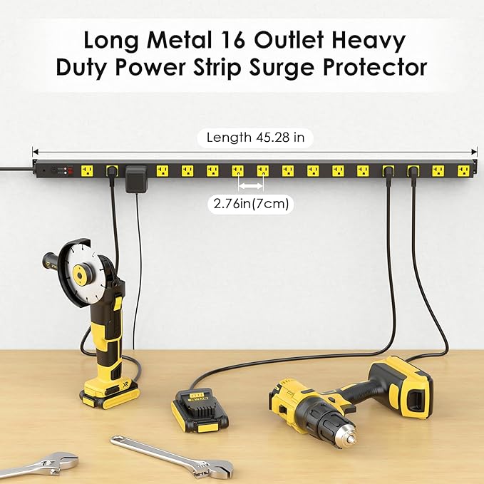 JUNNUJ Long Metal 16 Outlet Power Strip, Heavy Duty Power Strips Surge Protection 4800J with Circuit Breaker, 20a Wide Spaced Socket Wall Mount 5-15P Adapter High Amp 6-20R T-Slot 4FT Extension Cord