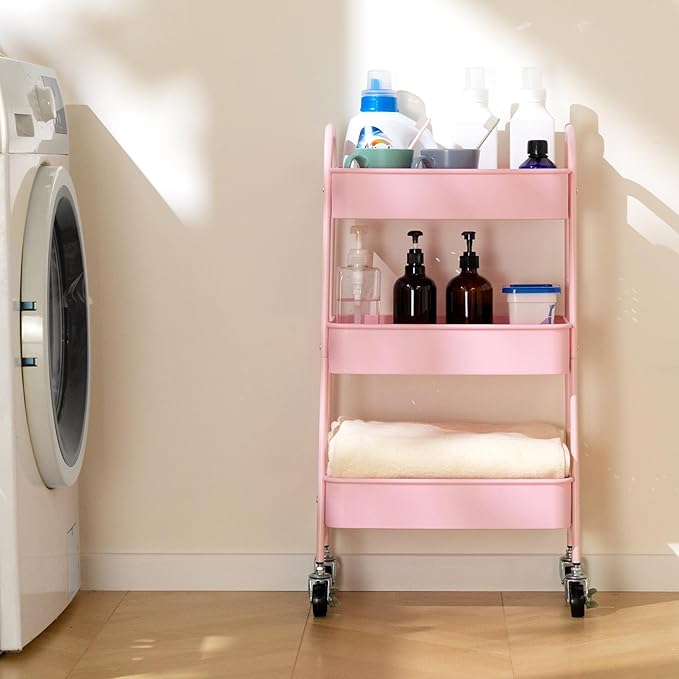 AGTEK 3-Tier Rolling Carts with Wheels, Rolling Utility Cart with Iron Frame for Kitchen, Plastic Shelves, Living Room, Office, Pink
