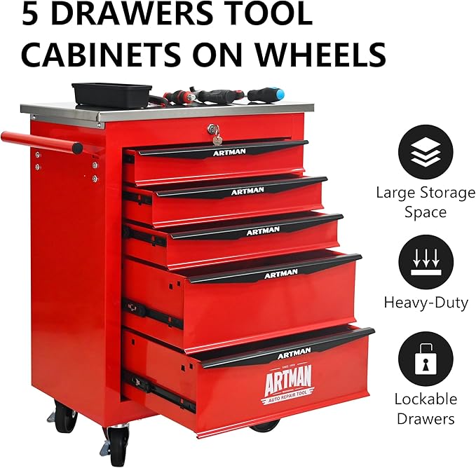 5-Drawer Heavy-Duty Rolling Tool Chest with Wheels & Steel Roof, Lockable Tool Chest Storage Cabinet for Garage, Workshop, Warehouse, and Repair Shop