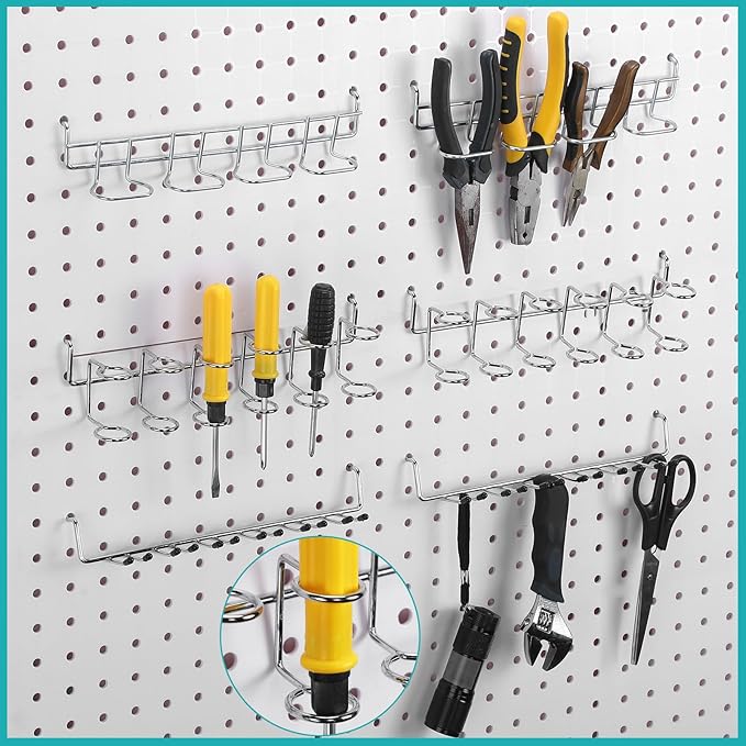 Coume 6 Pcs Pegboard Screwdriver Holders Organizer Pegboard Plier Holders Stainless Steel Peg Board Tool Utility Hooks Accessories Shelving Display Multi-Ring Tool Racks for Shop Store(Silver)
