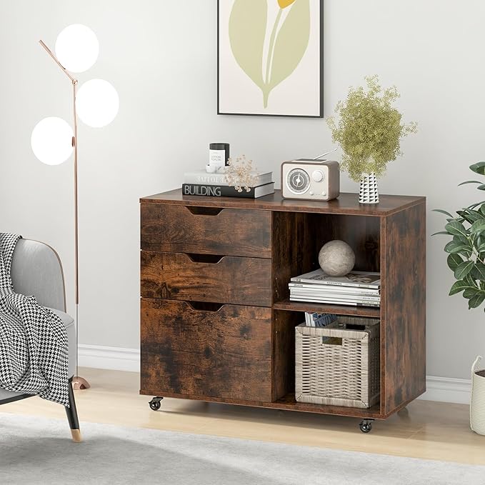 LOKO 3-Drawer File Cabinet, Mobile Printer Stand Cabinet with Adjustable Shelf, Rolling Lateral Filing Cabinet with Wheels for Letter, A4, Legal Size, for Home Office Organization (Rustic Brown)