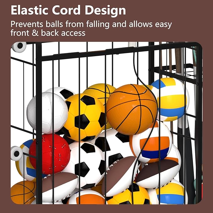HEOMU Sports Equipment Organizer, Ball Organizer with Elastic Rope and Side Rack, Garage Ball Storage with 5 Hooks and 2 Baskets, Basketball Rack for Garage, Gym, Indoor or Outdoor, Black