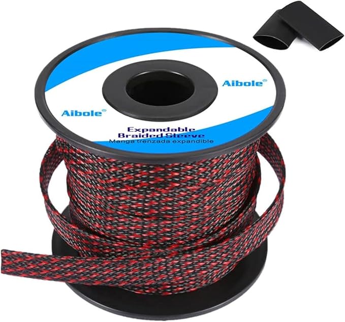 PET Expandable Braided Sleeving 100Ft-1 inch Wire Loom, Aibole Cable Sleeve Wrap,Black&Red BlackRed