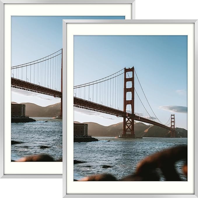 Frametory, 12x16 Metal Picture Frame with Mat for 11x14 Picture & Real Glass, Aluminum Photo Frame Collection (Silver, 2 Pack)