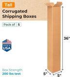Tall Moving & Shipping Boxes 5 x 5 x 36 inches (5-Pack) - Extra Strength 200 lb vs Regular - Corrugated Cardboard Boxes for USPS/UPS/FEDEX - Strong Moving Box - Shipping Box by IDL Packaging