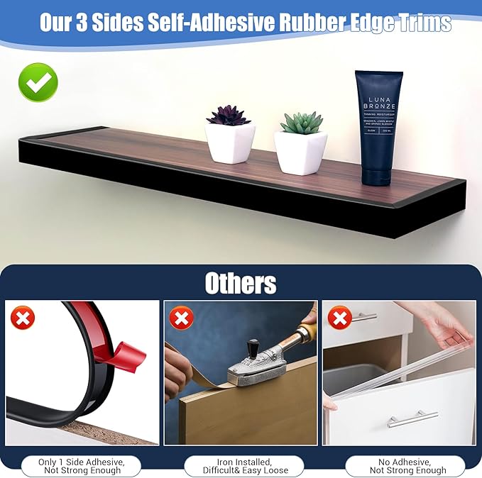 Rubber Edge Trim, Self-Adhesive U Channel Edge Protector for Plywood, Cabinet, 1" Wood Edge Banding, Flexible Furniture Repair, EPDM Material, Fit 1"(25mm), Length 20Ft, Black Color