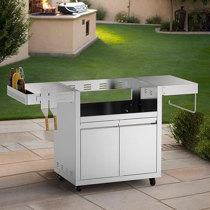 Stainless Steel Grill Cart for Hygrill 2-Burner Built-In Griddle, Outdoor Kitchen Island with Foldable Side Shelves and Storage Cabinet