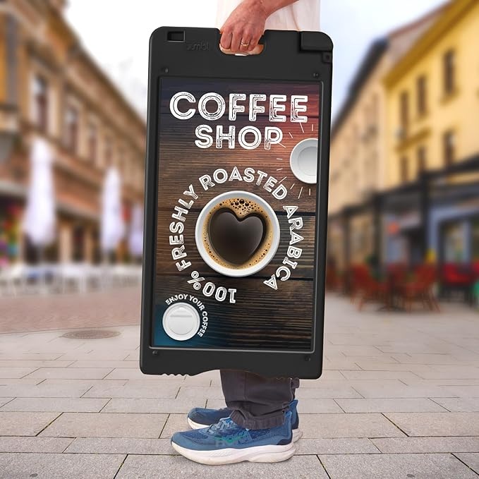 Jumbl A-Frame Signboard 15.7” x 26” Display Surface – Small Outdoor Sandwich Board w/Weather Resistant PVC Sign Protector & Sand Fill Holes – Dual Signage Stand for Storefront Sidewalk Curb (Black)
