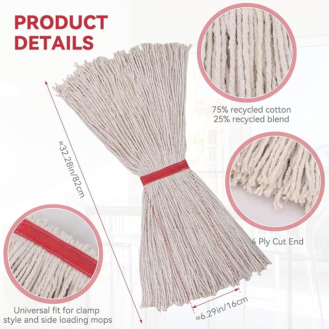 Commercial Heavy Duty Mop Heads Replacement for Rubbermaid: 6 Packs Industrial Wet Mop Head for Floor Cleaning - Cotton Looped-Open String Commercial Products Wet Refills