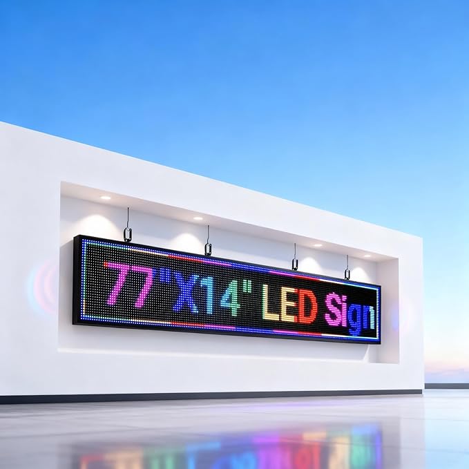 P10 LED Signs Programmable Outdoor 77"x14", IP65 Waterproof Scrolling LED Sign, Vibrant Colors Digital Led Signage Displays, Wifi + USB Control Open Signs for Business