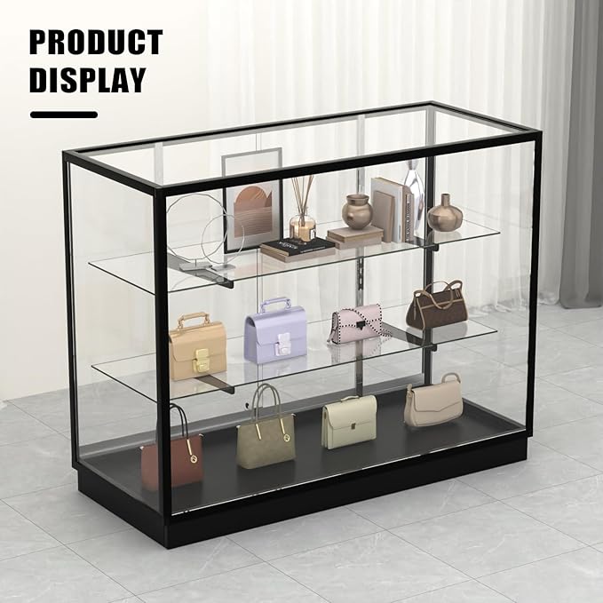 48”D * 20”W * 38”H - Freestanding Retail LED Full Vision Glass Display Case, Black Aluminum Frame, Two Adjustable Height Tempered Glass Shelves