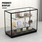 48”D * 20”W * 38”H - Freestanding Retail LED Full Vision Glass Display Case, Black Aluminum Frame, Two Adjustable Height Tempered Glass Shelves