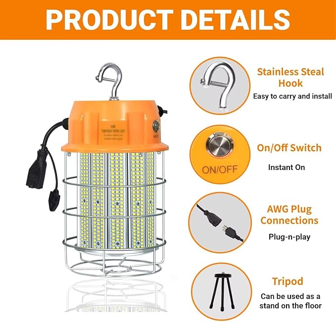 400W LED Temporary Work Light,Portable Hanging Construction Work Light,5000K 56000LM,with ON/Off Button & Hook Jobsite Lighting
