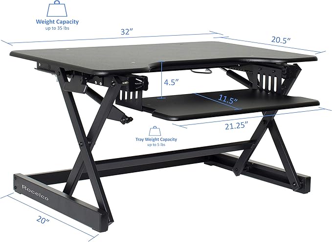 Rocelco 32" Height Adjustable Standing Desk Converter - Sit Stand Computer Workstation Riser - Dual Monitor Retractable Keyboard Tray Gas Spring Assist - Black (R EADRB2)