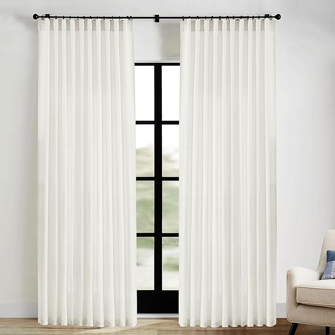 XTMYI Extra Wide Curtains 70 in Width for 72 Inch Window,Pleated Back Tab Linen Semi Sheer Full Length Curtains for Living Room Sliding Glass Door 2 Panel Set,72x90,70x90,6FT x 90 Inches Long,Cream