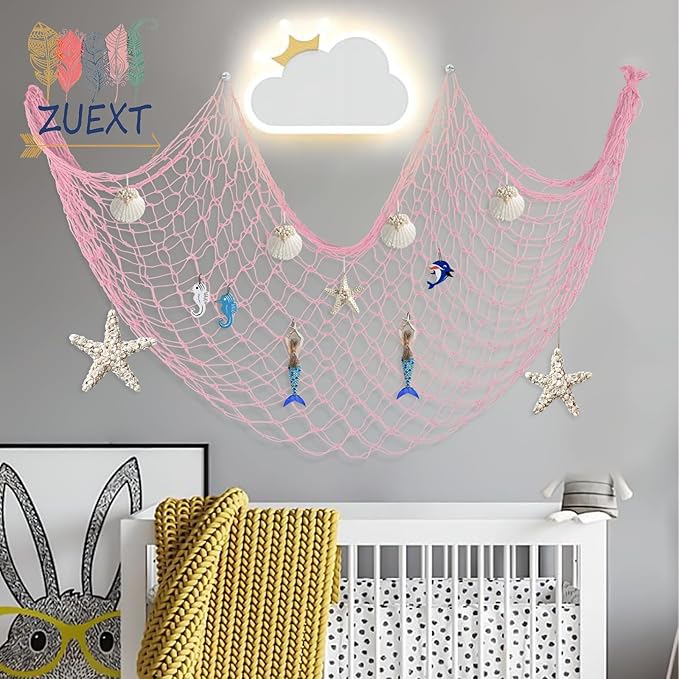 ZUEXT Light Pink Decorative Fishing Net 80x40 Inch, 2PCS Wall Photo Hanging Fishnet,Cotton Mermaid Net for Nautical Mermaid Pirate Ocean Themed Hawaii Beach Under the Sea Party Decorations
