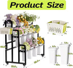 Heavy Duty 3-Layer Metal Flower Display Stand, 11-Bucket Flower Bar with Tool Basket, Thickened Frame & 360° Swivel Wheels, Flower Cart for Patio, Garden, Florist, Wedding & Party (Black)