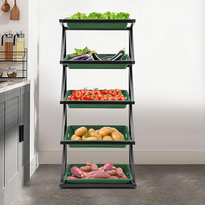 5 Tiers Retail Display Rack, Single Row Commercial Market Shelf Fruit and Vegetable Basket Stand Rack Set Snack Pantry Shelf Unit for Kitchen, Office, Store