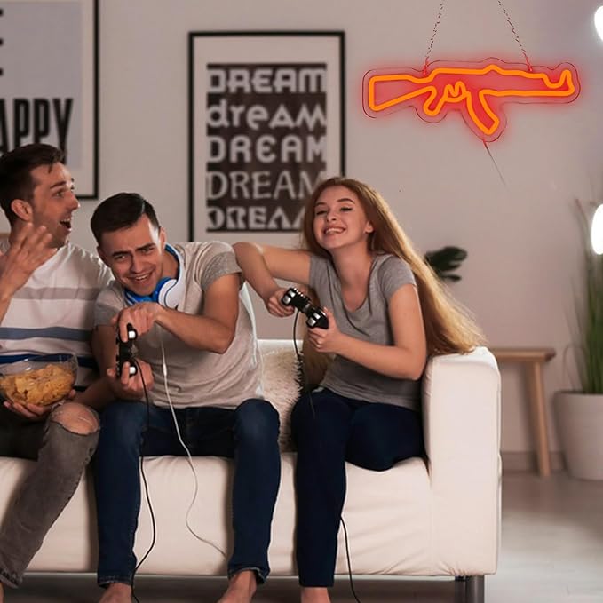Gun Neon Sign for Wall Decor LED Light Up Sign for Gun Room Accessories Man Cave Lamp Wall Art Gift 16.5"×6.3"
