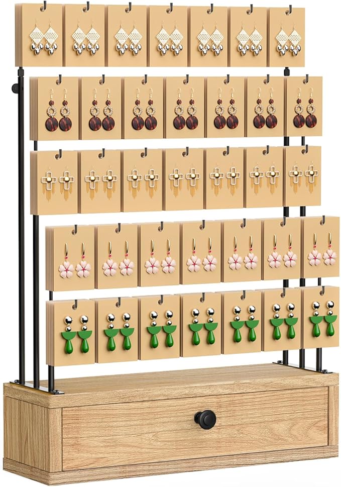 ORLESS 5-Tier Jewelry Display for Vendors, Earring Holder Organizer with Storage Drawer Box, Necklace Display Holder for Selling, Earring Cards Organizer for Bracelets, Rings, Natural Wood(35 Hooks)