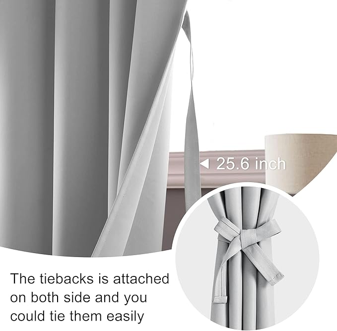 JIUZHEN Silver Grey Curtains for Bedroom - Thermal Insulated Blackout Curtains with Tiebacks 2 Panels, Room Darkening Rod Pocket Curtains for Living Room, 60 x 72 Inch Length