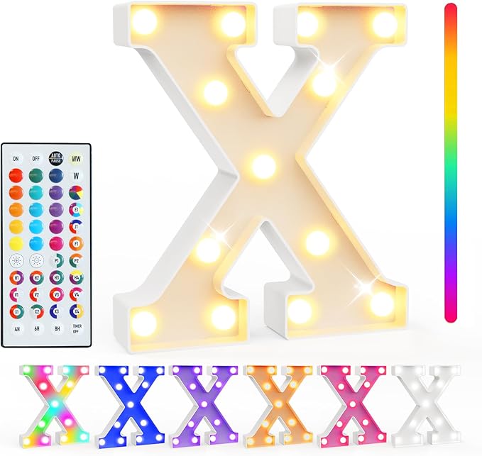 Pooqla Colorful Light Up Letters with Remote, Upgraded 35 Colors LED Marquee Letters, RGB Lighted Letter for Girls Teenager Gift, Birthday, Party, Wedding, Night Light, Room, Bedroom Decor, Letter X