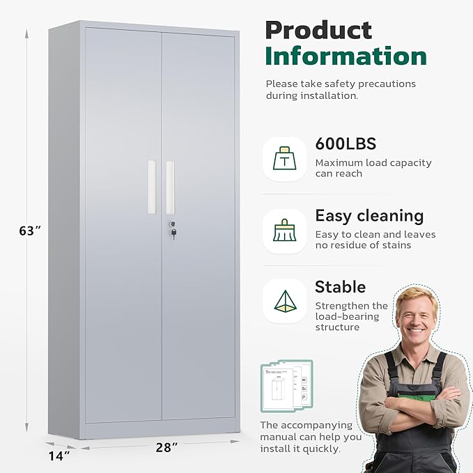 Greenvelly Metal Storage Cabinet, 63" H Locking Metal Storage Cabinet with Doors and 4 Shelves, Lockable Steel Cabinets for Kitchen, Bedroom, Living Room, Office (Dark Grey)