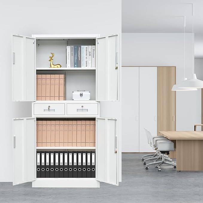 Metal Storage Cabinet, 71 Inch Tall Metal Storage Cabinet with Doors and Shelves, Pantry Cabinets with 2 Drawers for Kitchen Storage, Garage Cabinet for Living, Dining Room, Assemble Required