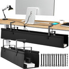 Desk Cable Management Tray, Fabric Cable Organizer, No Drill Large Clamp/Screw Mount Wire Organizer-Support Up to 30lbs, Standing Desk Cable Management for Office Home (Black,28 Inch)