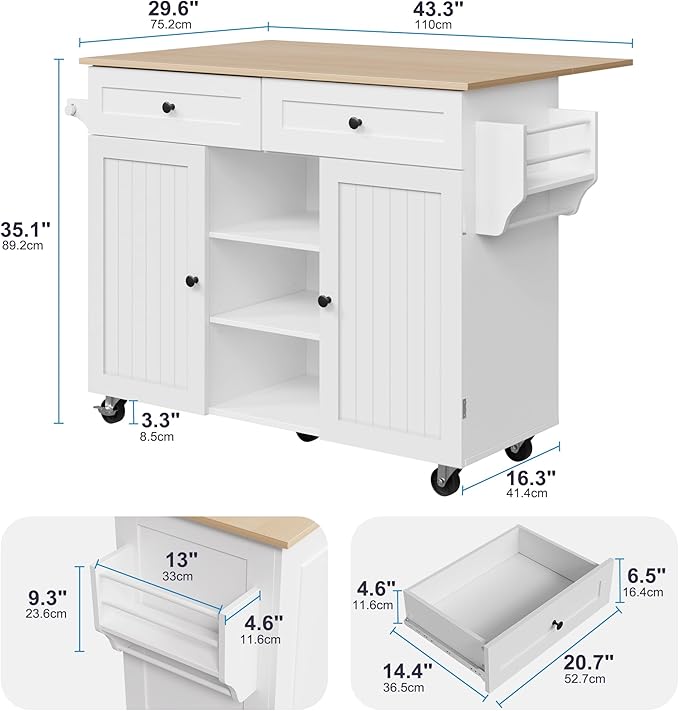Kitchen Island on Wheels, Rolling Kitchen Island with Drop Leaf and 2 Drawers, Mobile Kitchen Cart Table Storage Cabinet with Tower Rack and Spice Rack for Dining Room, Kitchen, White