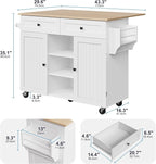 Kitchen Island on Wheels, Rolling Kitchen Island with Drop Leaf and 2 Drawers, Mobile Kitchen Cart Table Storage Cabinet with Tower Rack and Spice Rack for Dining Room, Kitchen, White