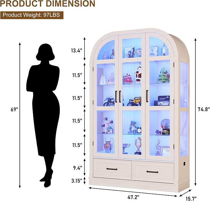 Arched Display Cabinet with 3 Glass Doors,5-Tier Curio Cabinet W/3 Color Lights for Collectibles,78'' Tall Curio Cabinet W/2 Drawers,Modern Display Case W/Human Body Sensor for Living/Game Room,Arche