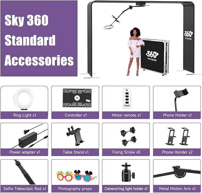 HARZHI Overhead 360 Photo Booth with Software Control APP 360-DegreeRotating Full Body Spin with Ring Light for Big Parties (Booth+Arm)