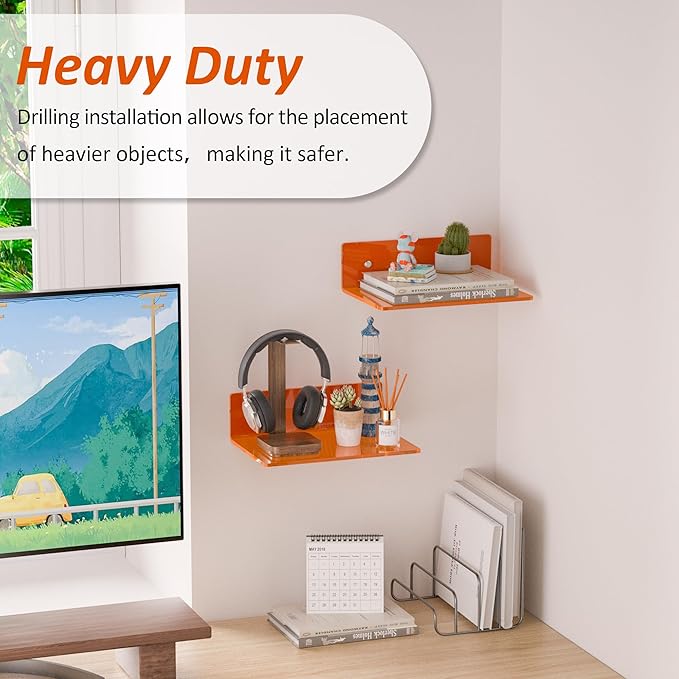 9 Inch Orange Wall Shelves, Acrylic Wall Mounting Ledges Display, Acrylic Display Wall Shelf for Funko Pop Figures, Collectibles, Plants, Décor, Toiletries, Spices, 2 Pack