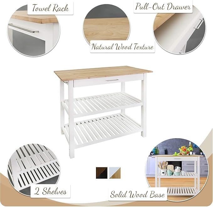Island Oasis Solid Wood Kitchen Island with Drawer, Stainless Steel Towel Bar and Open Storage Multi-Purpose Prep Table for Home Kitchens Walnut and Black