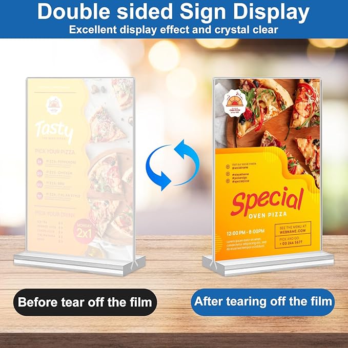 Acrylic Sign Holder 5.5 x 8.5, 10 Pack Double-Sided Stand up Table Top Clear Sign Holders, T Shape Plastic Acrylic Picture Frame Menu Flyer Paper Holder Display Stands for Office Store Wedding Party