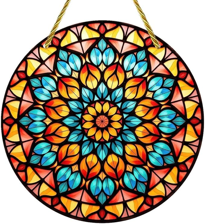 Acrylic Stained Panel Hanging-Radiant Floral Display Round Window Hanging Ornament,Wall Art Panel for Indoor/Outdoor Decor,Gift,Birthday for Women, Men, Wife, Aunt, and Mom 7.8in