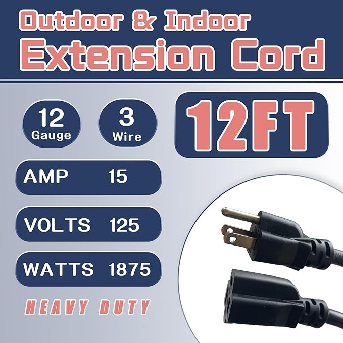 12 Ft Outdoor Extension Cord - 12/3 SJTW Heavy Duty Black Extension Cable with 3 Prong Grounded Plug - Power Cord for Lawn, Garden, Appliances