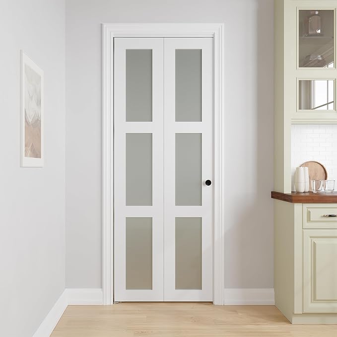 Bifold Doors for 30" x 80" Opening, 3-lite Tempered Frosted Glass Closet Folding Doors with Hardware kit Included, Easy Assembly, White