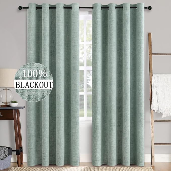 MIULEE Linen Texture 90 Inches Curtains for Bedroom 100% Blackout Thermal Insulated Seafoam Green Curtains Grommet Room Darkening Drapes for Living Room Nursery 52x90 Inch (2 Panels)