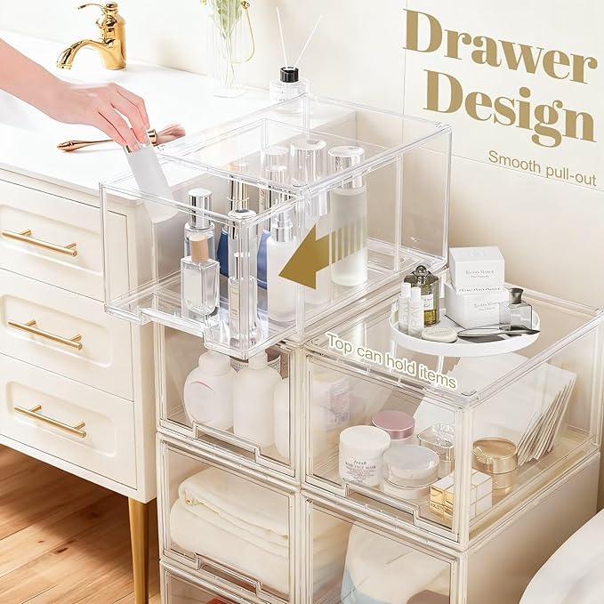 AZ.MIFENO Large Stackable Storage Drawers,Clear Thickened Drawer Organizers with Pull-Out Drawer for Skincare,Cosmetics, Ideal for Closet,Bathroom,Kitchen Undersink,Cabinet,Toy Organization (3 Packs)