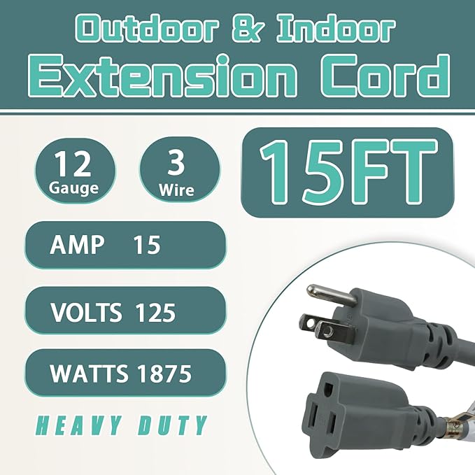 15 Ft Outdoor Extension Cord - 12/3 SJTW Heavy Duty Grey Extension Cable with 3 Prong Grounded Plug - Power Cord for Lawn, Garden, Appliances