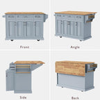 Yayzy Rolling Kitchen Island with Drop Leaf, 4 Cabinet Doors, 3 Drawers & Side Storage Racks, Mobile Kitchen Cart with Rubberwood Top & Locking Wheels for Dining Room & Kitchen, 54-Inch, Grey Blue