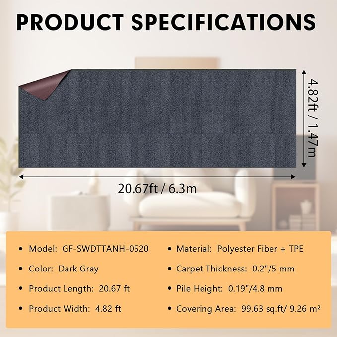 Marine Carpet,5 FT x 20 FT Dark Gray Indoor Outdoor Carpet 0.2" Thick Boat Carpet with Water-Proof TPE Backing, Non-Slide Outdoor Marine Carpet Roll for Home, Patio, Porch, Deck