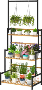 Ufine Bamboo Hanging Plant Stand 3 Tier Ladder Shelf with Hanging Rod Height Adjustable Flower Pot Display Organizer for Balcony Porch Living Room
