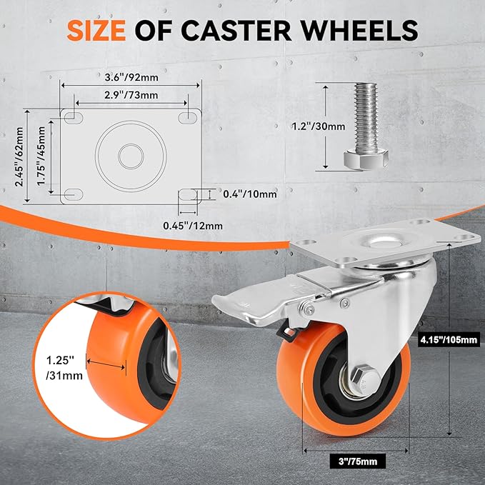 WBD WEIBIDA 3 Inch Swivel Caster Wheels with Brake, Safety Dual Locking Casters Set of 8 Heavy Duty Plate Casters, Premium Polyurethane Wheels for Furniture and Workbench((Screws and Spanner)