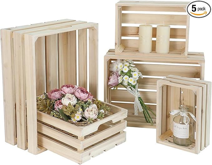 Wooden Crates, Unfinished Set of 5 Large Wood Crates with Handles, Rustic Farmhouse Wooden Crate for Decor, Wedding Birthday Home Party Living Room Kitchen Decoration