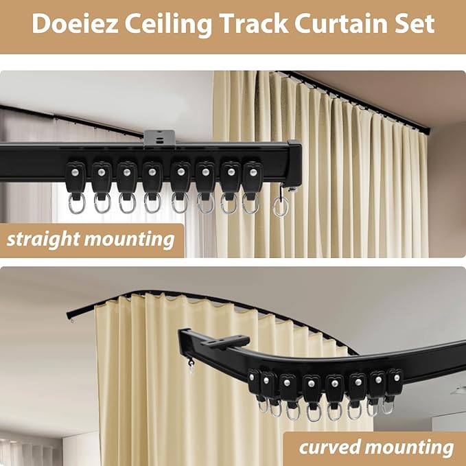Room Divider Blackout Curtains Flexible Sliding Tracks Sets Ceiling Mounted Rod Window Curtain Privacy Separation for Bedroom Living Rooms,1 Panel Beige Drape and Black Track Set-W144xH108 in