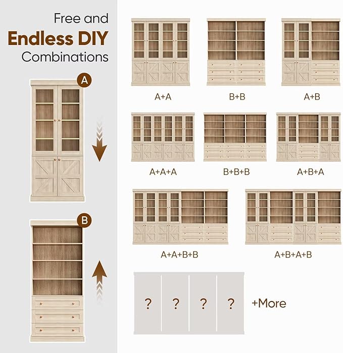 Vyre 71" Tall Farmhouse Bookshelves with Glass Doors and Drawers, Set of 3 – Large Modular Bookcase with Adjustable Shelves, Storage Cabinet for Living Room, Kitchen, Brown