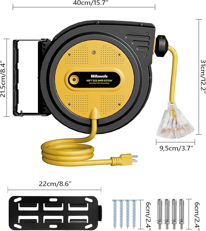 45 FT Retractable Extension Cord Reel, Heavy Duty Power Cord, 12AWG/3C SJTOW, 3 Grounded Outlets Lighted Triple Tap, Ceiling/Wall Mount,15 Amp Circuit Breaker, ETL Listed, Yellow Y45ACR06